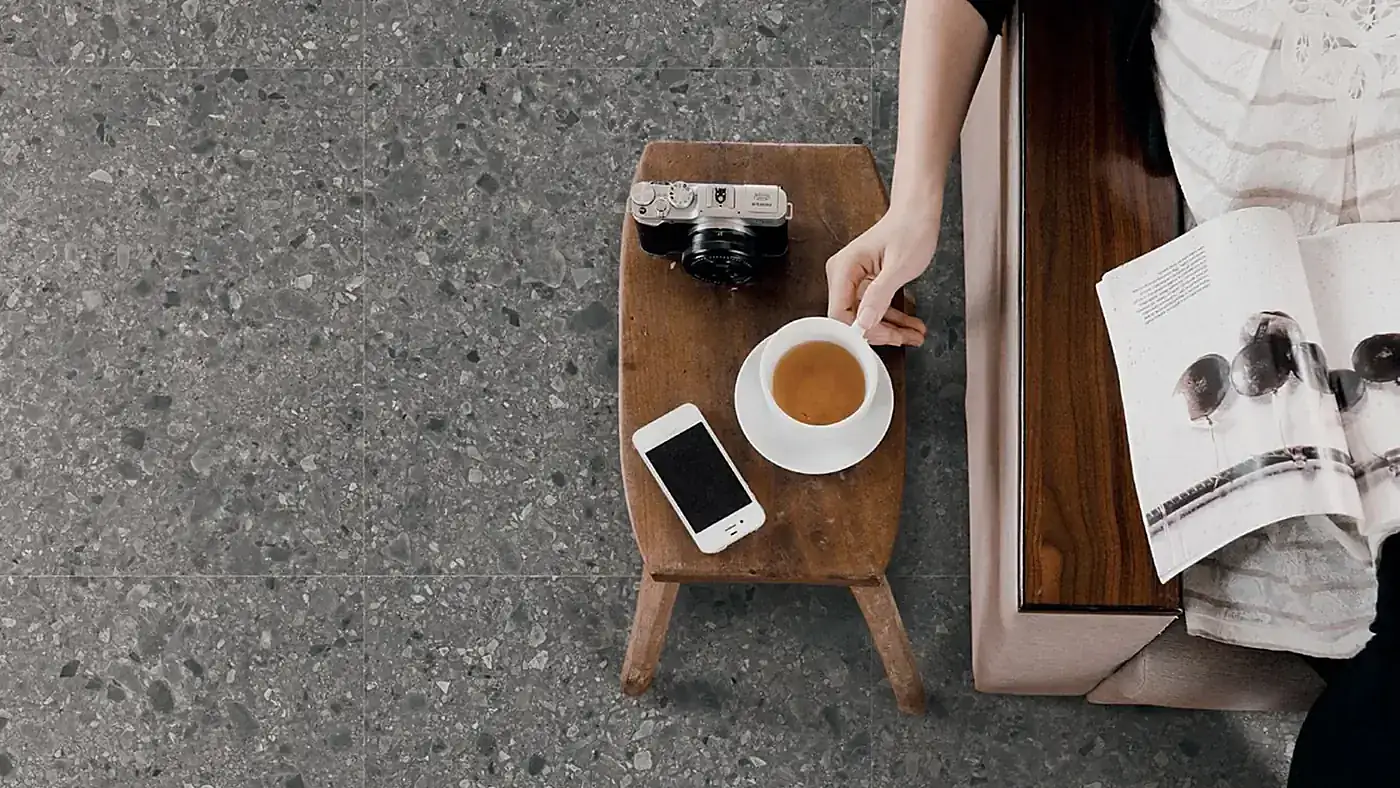 Terrazzo look porcelain tiles in charcoal